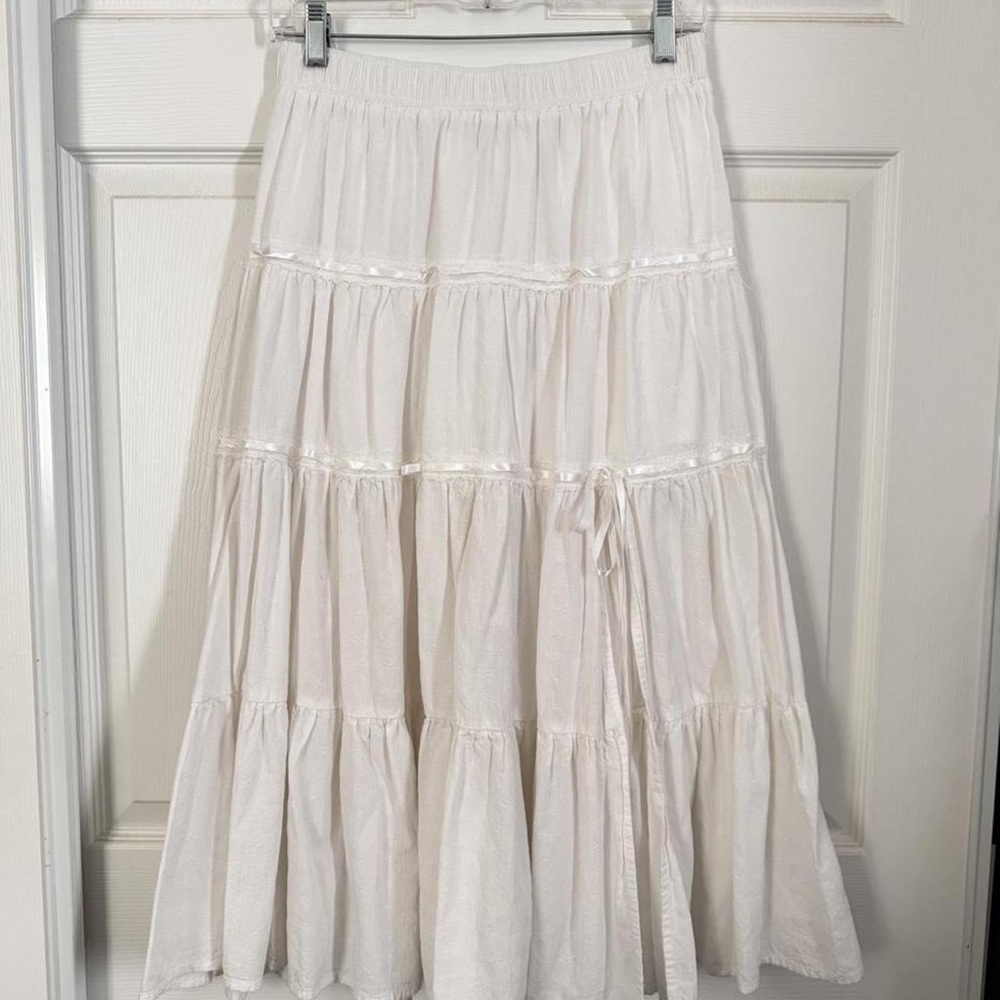 RSQ Ivory Tiered Maxi Skirt with Ribbon Accents